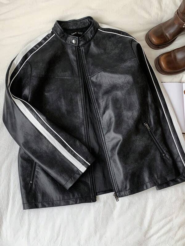Comfortcana 秋冬长款撞色袖条纹拉链领黑色PU皮夹克