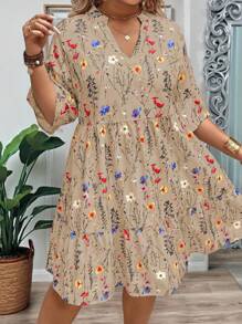 EMERY ROSE Plus Size Women Summer Branch Floral V-Neck Ruffles Hem Loose Shift Dress - Khaki - View 5