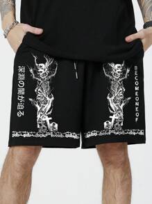 ROMWE MEN Anime Men Skeleton Pattern Brand Sports & Casual Shorts, Halloween - Black - View 6