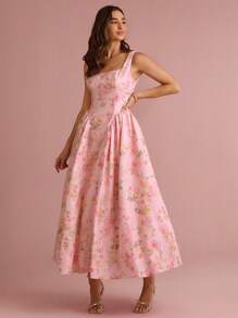 Enchnt Spring/Summer Romantic Women's Pastel Pink Floral Print Big Bowknot Back Cinched Waist Sleeveless Backless Princess Long Dress,Sweet&Elegant For Vacation&Date&Holiday&Going Out,Spring Outfit Women - Coral Pink - View 5