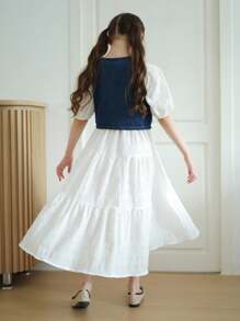 2 Pieces Set: Oversized Puff Sleeve Round Neck Dress & Denim Sleeveless Crop Top Vest For Tween Girl, Versatile School Style Outfit - White - View 2