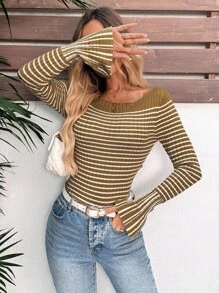 Chiquease Women's Elegant Green And White Striped Knit Top,Autumn Ribbed Scoop Neck Long Bell Sleeves Ruffle Detail Pullover,Casual Brunch Fall Winter Knitwear - Khaki - View 4