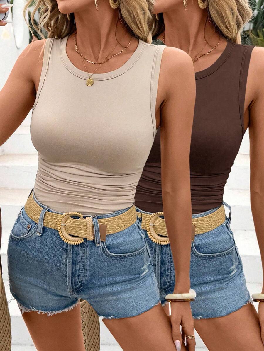 SHEIN LUNE 2件套休闲纯色百搭女士圆领修身吊带背心，适合夏季返校季穿着，休闲百搭 - 彩色 - 查看 1