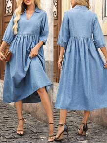 EMERY ROSE Women's Collared 3/4 Sleeve Pleated Casual Loose Denim Dress - Medium Wash - View 1