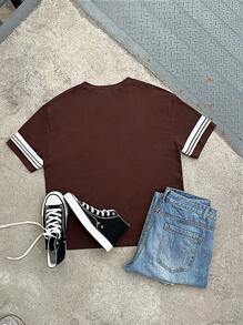 SHEIN Teen Boys' Brown Streetwear Short Sleeve T-Shirt,Summer Beach Back-To-School Text & Numeric Printed Crew Neck Versatile Casual Sports Tee For Daily - Brown - View 3
