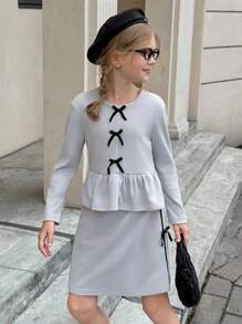 SHEIN Tween Girl Bow Decor Long Sleeve Ruffle Hem T-Shirt And Skirt Set - Grey - View 1