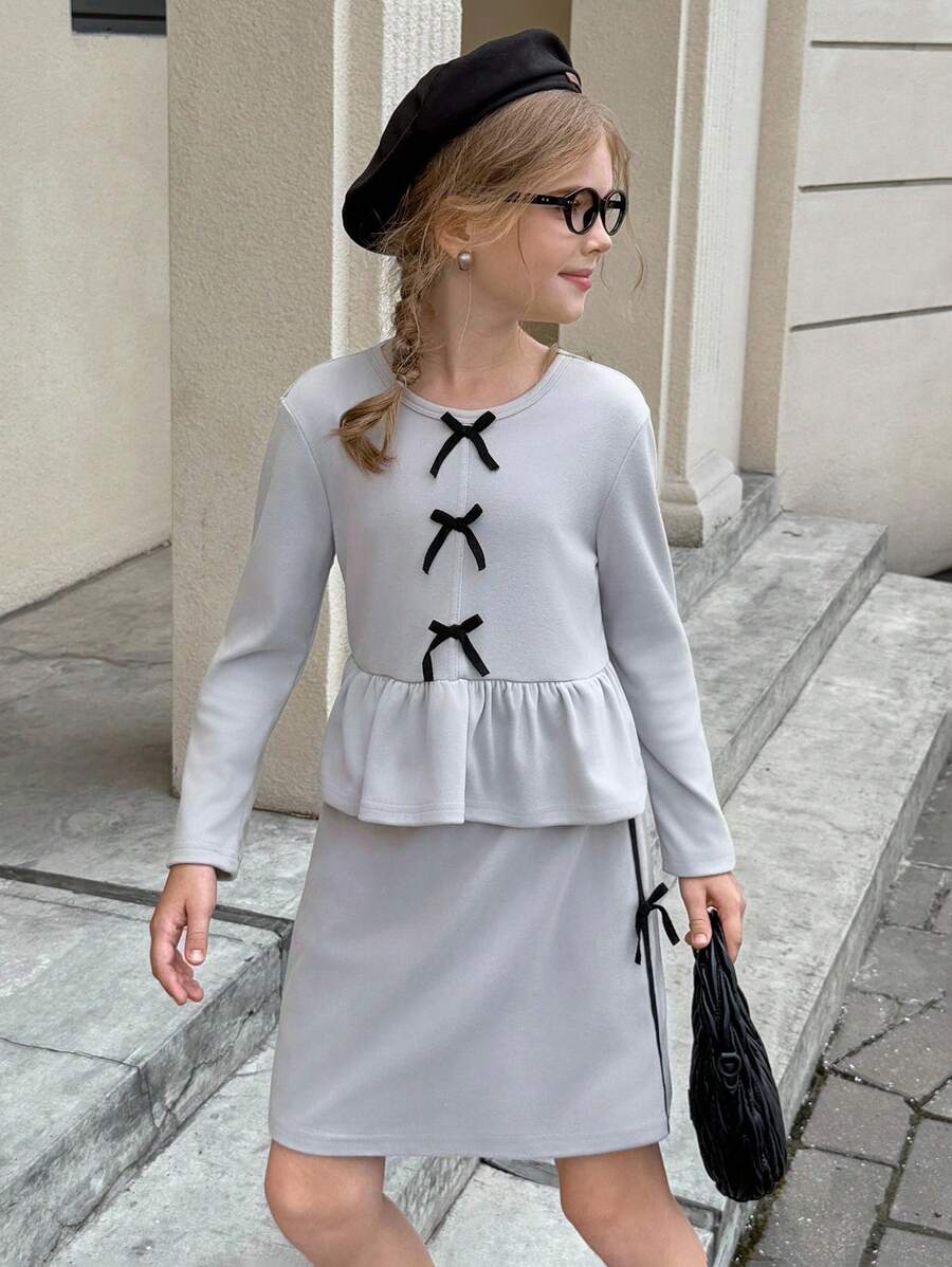 SHEIN Tween Girl Bow Decor Long Sleeve Ruffle Hem T-Shirt And Skirt Set - Grey - View 1