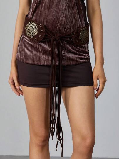Hippie 1pc Vintage Punk Style Brown Lace Up Tassel Waist Belt, Y2K Fashion Metal Floral Pattern Buckle-Less Leather Belt, Personalized Decorative Accessories