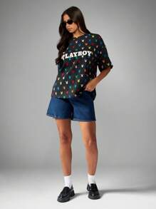 Missguided x Playboy Iconic Bunny Print Oversized T Shirt All Over Pattern Festival Design Casual Summer Streetwear Boxy Fit Graphic Logo Retro Aesthetic Rainbow Print - Black - View 4