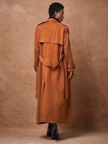 Zivah Abrigo Trench de Ante Naranja Quemado Otoñal con Solapa, Cinturón & Bolsillos, Elegante para Oficina, Desplazamiento y Streetwear, Estilo Universitario, Chaqueta Casual Diaria Marrón para Estudiantes - Marrón - Ver 2