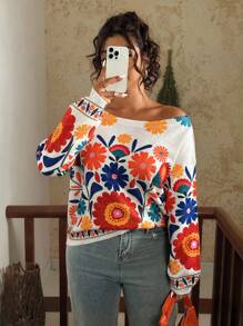 SHEIN VCAY Sweater Rajut Jacquard Digital Premium, Blus Wanita Lengan Panjang Longgar Serbaguna Elegan untuk Musim Semi & Gugur Musim Dingin - MultiWarna - View 1