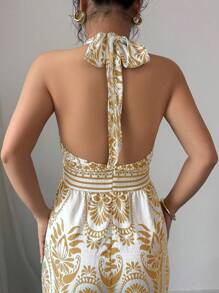 Elenzga 女士度假波西米亚风露肩连体裤、无袖夏季服装、复活节连体衣 - 卡其色 - 查看 2