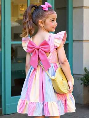 Vestido casual elegante para niñas con estampado floral de cuello redondo, decoración de mariposa en la espalda hueca, volantes en la cintura, dobladillo adecuado para vacaciones, viajes y verano