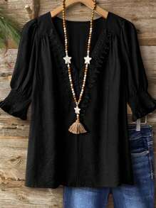 SHEIN LUNE CURVE 大码波西米亚风格七分袖荷叶边领优雅通勤休闲亚麻混纺衬衫 - 黑色 - 查看 1