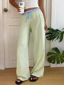 Aloruh Women's Casual Low Waist Drawstring Waist Dual Color Stripe Waistband Wide Leg Loose Pants - Multicolor - View 4