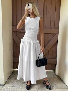 SHEIN EZwear Váy suông không tay bó eo cho kỳ nghỉ hè giản dị - trắng - Xem 1