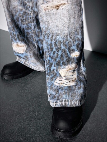 Street Life Jeans holgados personalizados de pierna ancha con estampado de leopardo para hombre