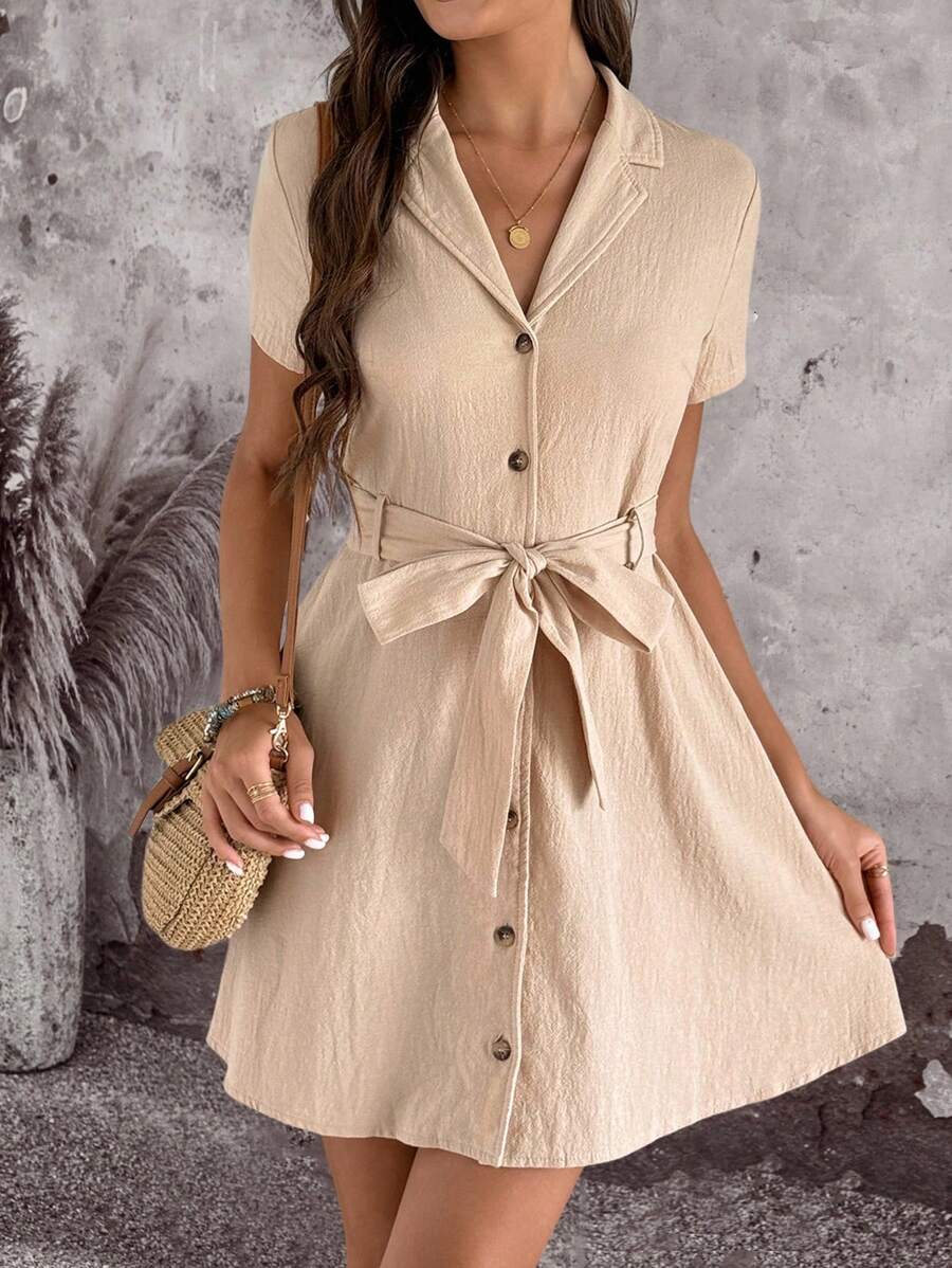 EMERY ROSE Váy cài nút phía trước màu trơn thường ngày cho nữ, phong cách nghỉ dưỡng - Màu Khaki - Xem 1
