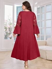 Modelyn Casual Solid Color Lace Patchwork V-Neck Ruffle Hem Long Sleeve Loose Maxi Dress, Plus Size, Spring/Summer Fall - Burgundy - View 2