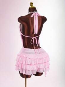 Amplova Sexy Plunging Neck Layered Women Mini Dress - Pink - View 1