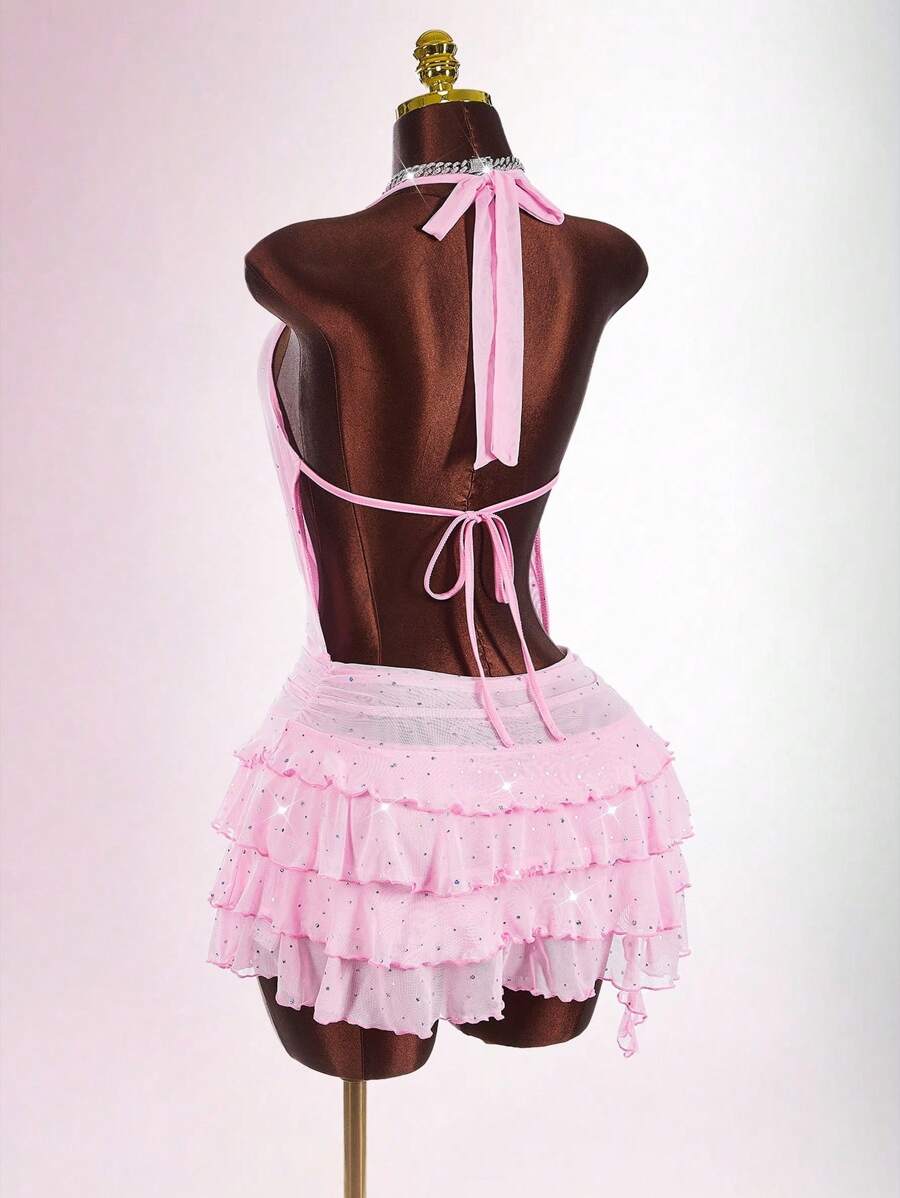Amplova Sexy Plunging Neck Layered Women Mini Dress - Pink - View 1