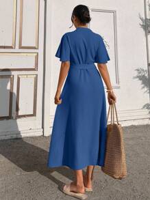 EURMUSE Ruffle Sleeve Crew-Neck Buttoned Maxi Dress With Shell Belt - Blue - View 3