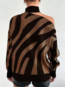 EURMUSE Suéter feminino listrado com gola assimétrica e bloco de cores - Castanho - Ver 2