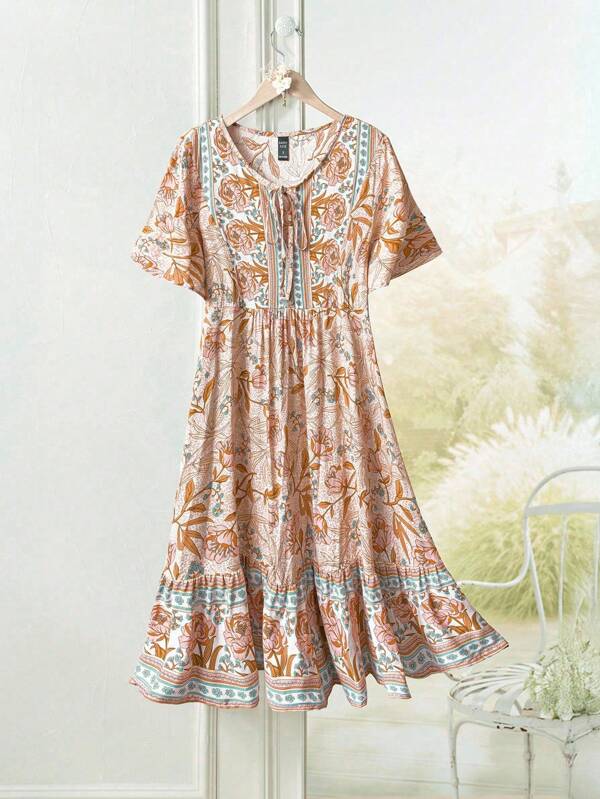 Rusticease Floral Print Tie Neck Ruffle Hem Smock Dress