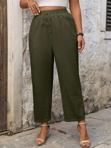 SHEIN LUNE Plus Size Casual Linen Patchwork Embroidered Floral Hem Pants - Army Green - View 4