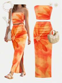 SHEIN Girlism Tween Girl Fitted Casual Comfortable Tie-Dye Floral Tube Top And Bodycon Mini Skirt Suit
