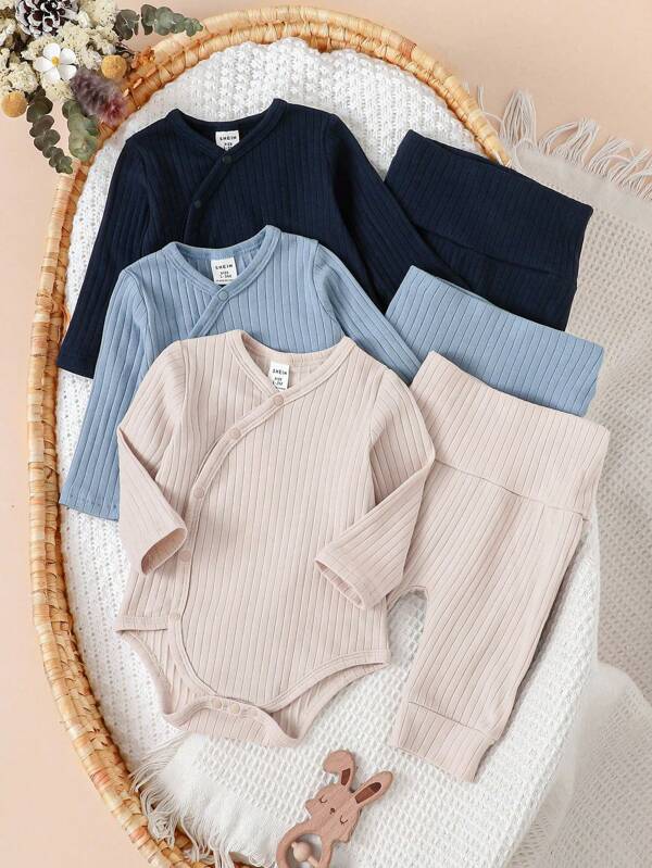 SHEIN 6-Piece Casual Baby Clothing Set, Soft Cotton Blend Romper With Long Sleeve & Pants, Suitable For Newborn Infants, Spring/Summer