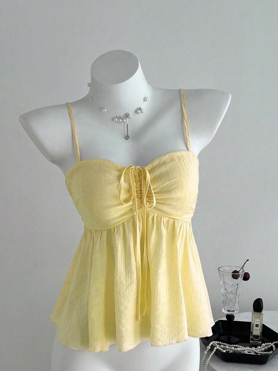 Elamini Women's Summer Adorable Solid Color Ruffle Fabric Pink Camisole Creamy Yellow Clothes For University - Yellow - View 1