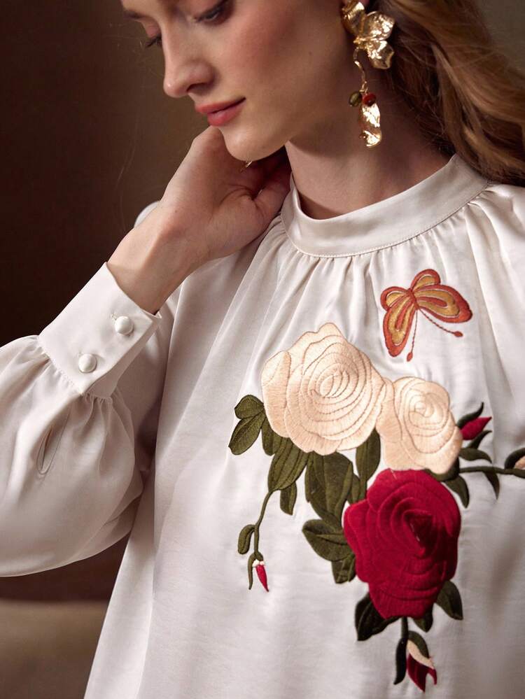 EMBROIDERY FLORAL AND BUTTERFLY GATHERED BLOUSE
