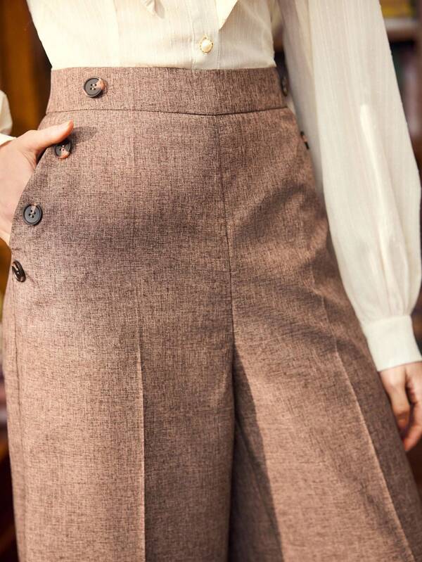 Vintamour Pantaloni dritti eleganti e classici di stile vintage con tasche e bottoni per le donne, colore caffè, adatti per l estate/autunno