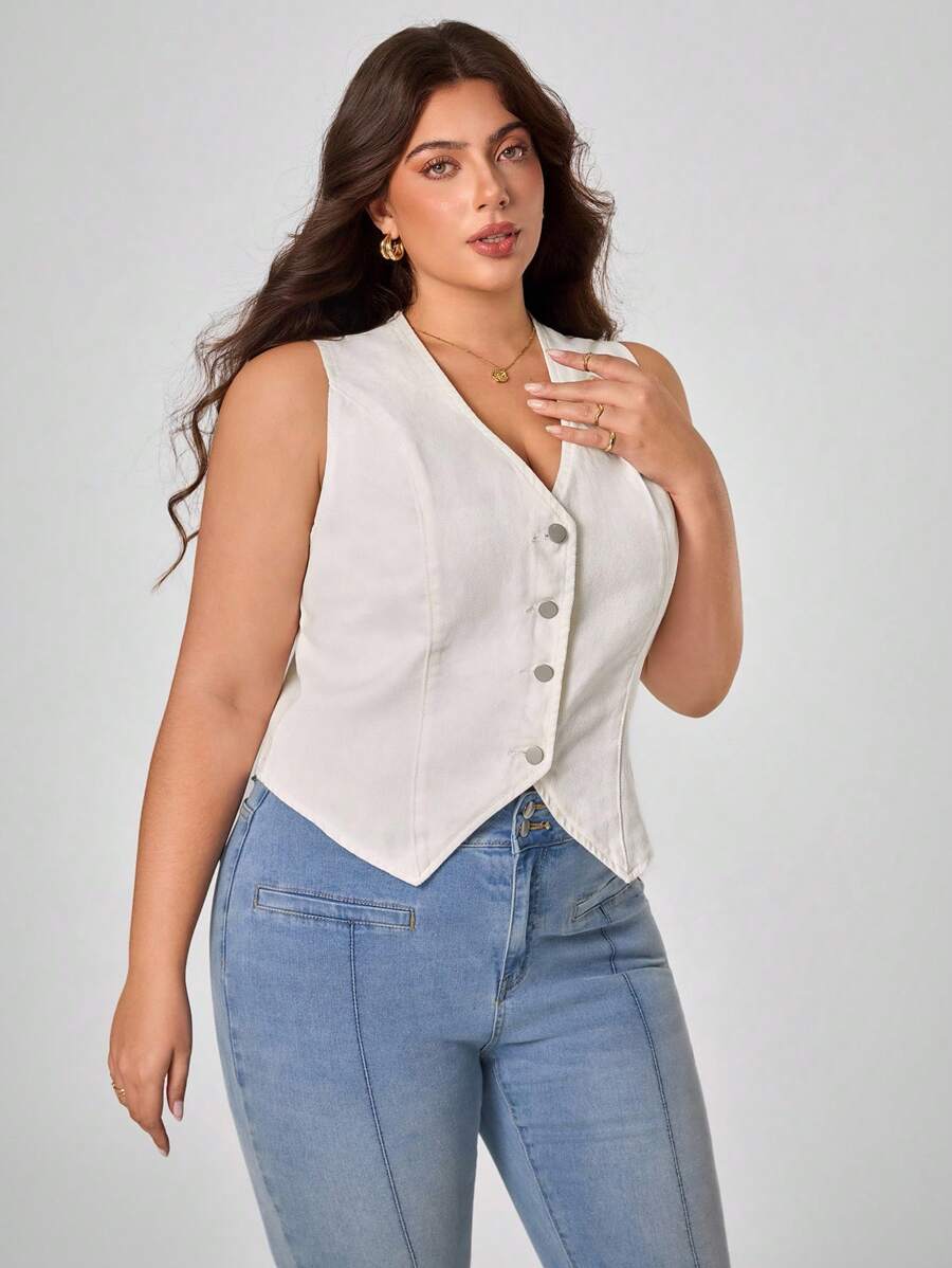 SHEIN Frenchy 大码休闲纯色无袖牛仔夹克 - 深色水洗藍 - 查看 1