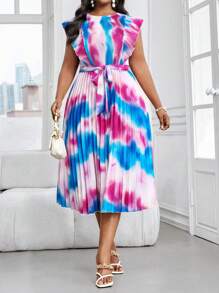 SHEIN Lady Robe élégante mi-longue à manches courtes avec ceinture, col rond, en tricot tressé, style boho, pour le bureau et la ville, tailles plus, pour l'été. Tenues d'été pour femmes, robes d'été pour femmes, tenues de bureau pour femmes, robe de vacances, vêtements pour femmes l'été - Multicolore - Voir 5