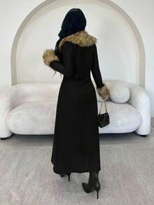 SHEIN SXY 女士休闲仿皮草拼布长袖外套，秋冬时尚，长款黑色开衫，女士教师装，秋季，冬季，女士秋季装，女士外出上衣，商务休闲女装，女士办公室装，女士机场装，商务休闲装 - 黑色 - 查看 2