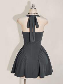 SHEIN ICON Plus Size Halter Cinched Waist A-Line Dress, Y2K, Back To School, Grey Dress - Grey - View 2