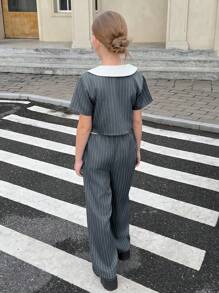 SHEIN 2 pièces Ensemble : Top rayé et pantalon de mode française. Veste courte avec fermeture à boutons avant, pantalon large taille haute, convient pour le port quotidien et les vacances, printemps/automne