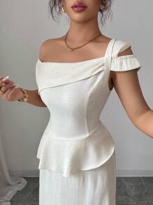 Selianne 2pcs/Set Women Asymmetric Top And Bodycon Fish Tail Skirt Set - Apricot - View 3