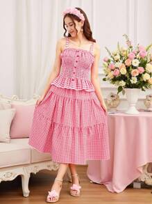 少女格子荷叶边吊带上衣和拼布伞状中长裙 2 件套 - 紅色 - 查看 1
