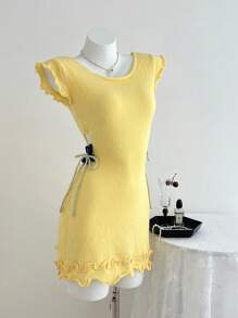 SHEIN Unity Women's Vacation Casual Solid Color Hollow-Out Lace-Up Fitted Mini Knitted Dress - Yellow - View 6