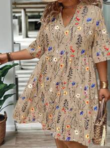 EMERY ROSE Plus Size Women Summer Branch Floral V-Neck Ruffles Hem Loose Shift Dress - Khaki - View 6