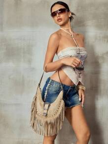 SHEIN ICON Ladies, Women Shoulder Bag, Hobo Bag, Fashionable, Personalized, Simple, Versatile, Street, Sweet And Cool Girls, Hot Girls, Y2k, Retro, Rivets, Vintage, Tassels, Cow Print, Western Style, Bohemian Style, Music Festival, Teenagers - Khaki - View 8