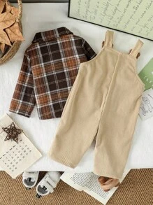 SHEIN 2 pezzi/set Camicia a maniche lunghe con colletto e pantaloni salopette con ricamo a testa d'orso sulla tasca, adatto per bambino unisex, adatto per primavera e autunno, uso quotidiano, viaggi, attività all'aperto, ritorno a scuola, abbigliamento neonato, salopette in velluto a coste per bambino, outfit autunnale per bambino 3M-3T, tutina per neonato, set tutina per neonato - Multicolore - Visualizzare 2