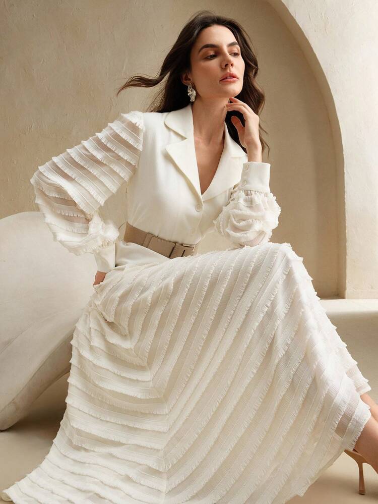 Ladies Solid Color Lapel NeckTassel Lantern Sleeve Elegant Shirt Dress