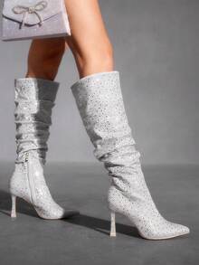 CUCCOO SZL 尖头高跟灰色皱纹水钻装饰性感夜店派对过膝长靴女款 - 灰色 - 查看 1