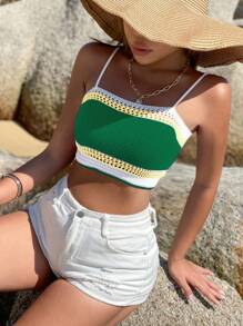 Breezaya 女式夏季度假风格拼色条纹后背系带开襟针织短款毛衣上衣 - 彩色 - 查看 4