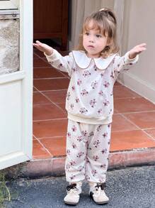 SHEIN 2pcs/Set Baby Girls Peter Pan Collar Ruffle Long Sleeve Pullover Sweatshirt & Elastic Waist Pants,Beige Autumn Cute Matching Family Fashion Daily Outfit - Apricot - View 6