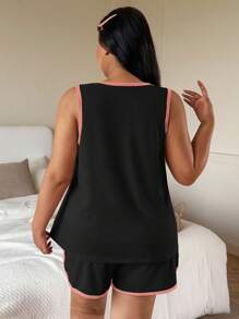 SHEIN 大码撞色装饰休闲吊带背心和短裤睡衣套装 - 黑色 - 查看 2